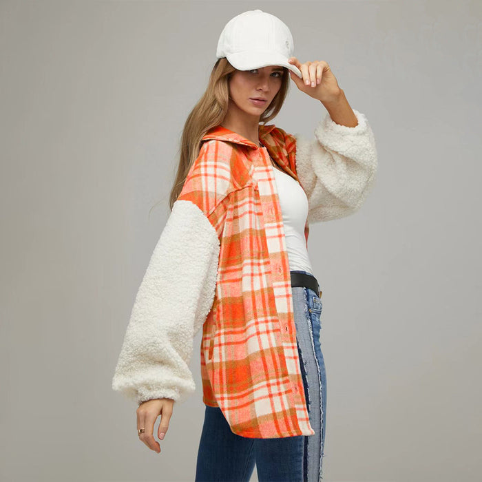 Color-Popular Contrast Color Check Jacket Autumn Winter Thickening Plaid Stitching Lamb Wool Coat-Fancey Boutique