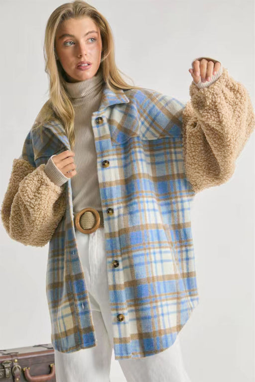 Color-Popular Contrast Color Check Jacket Autumn Winter Thickening Plaid Stitching Lamb Wool Coat-Fancey Boutique