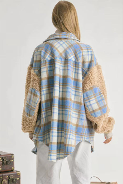 Color-Popular Contrast Color Check Jacket Autumn Winter Thickening Plaid Stitching Lamb Wool Coat-Fancey Boutique
