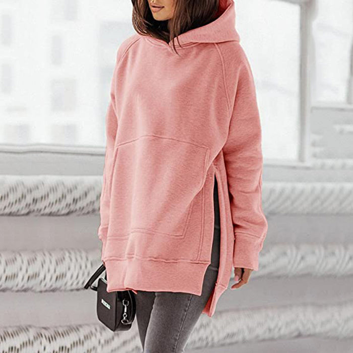 Color-Women Clothing Long Sleeve Round Neck Fleece Lined Solid Color Pocket Loose Fitting Hoodie Long Sleeve-Fancey Boutique