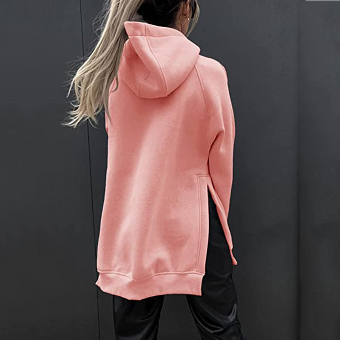 Color-Women Clothing Long Sleeve Round Neck Fleece Lined Solid Color Pocket Loose Fitting Hoodie Long Sleeve-Fancey Boutique