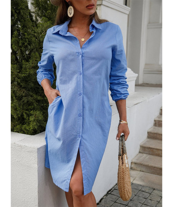 Color-Fall Women Solid Color Casual Long Sleeve Shirt Dress-Fancey Boutique