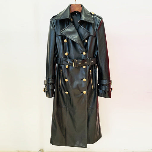 Color-Black-Goods Autumn Winter Stars Double Breasted Belt Leather Long Trench Coat-Fancey Boutique