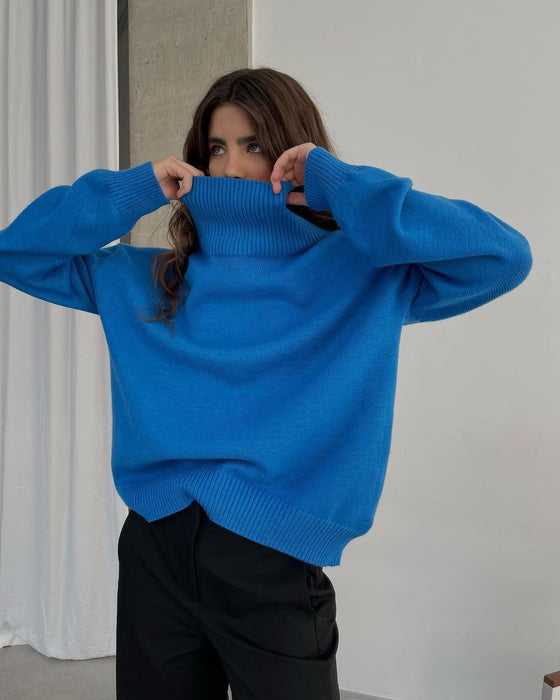 Color-Blue-Autumn Winter Popular High Collar Loose Knitwear Sweater for Women-Fancey Boutique