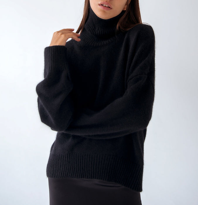 Color-Black-Autumn Winter Popular High Collar Loose Knitwear Sweater for Women-Fancey Boutique