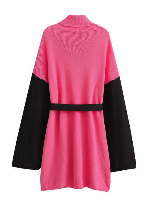 Color-Fall Women Clothing All Match High Collar Loose Belt Knitted Dress-Fancey Boutique