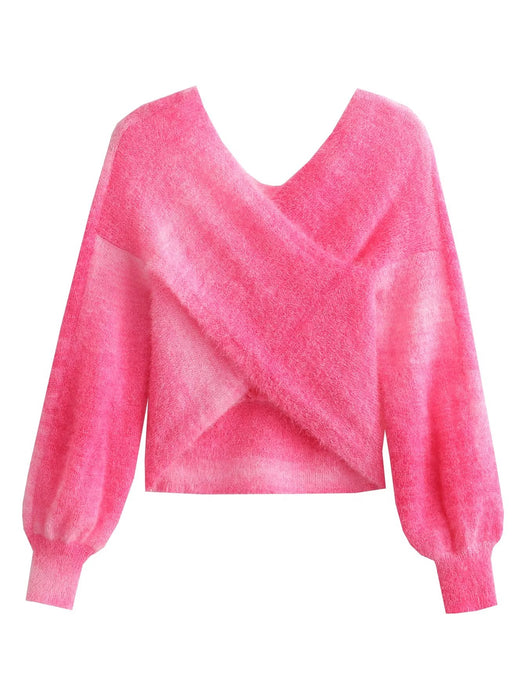 Color-Autumn Personalized Gradient Tie Dyed Chest Criss Cross Lantern Sleeve Mohair Knitted Sweater-Fancey Boutique