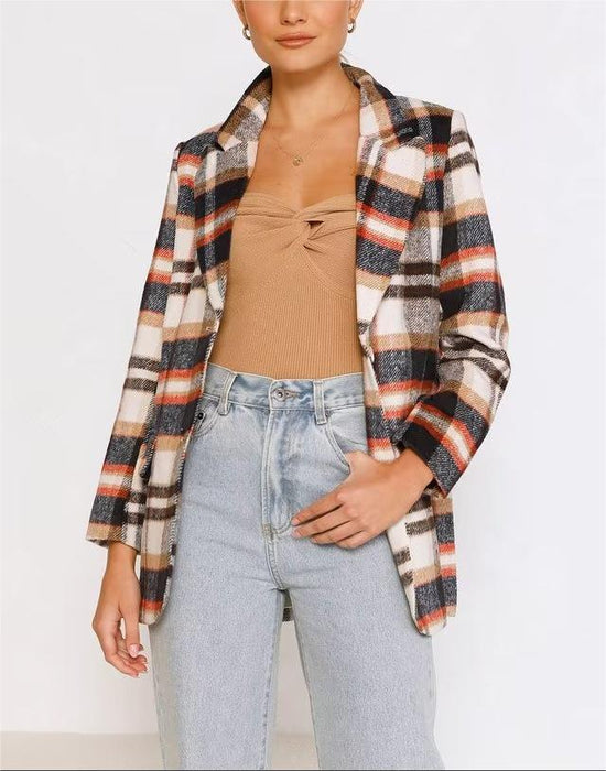 Color-Autumn Winter Woolen Plaid Blazer Single Breasted Mid Length Top-Fancey Boutique