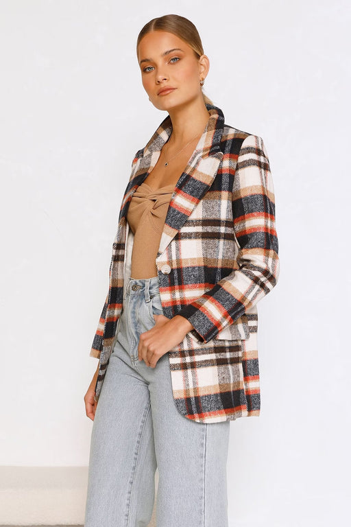 Color-Autumn Winter Woolen Plaid Blazer Single Breasted Mid Length Top-Fancey Boutique