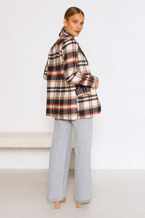 Color-Autumn Winter Woolen Plaid Blazer Single Breasted Mid Length Top-Fancey Boutique