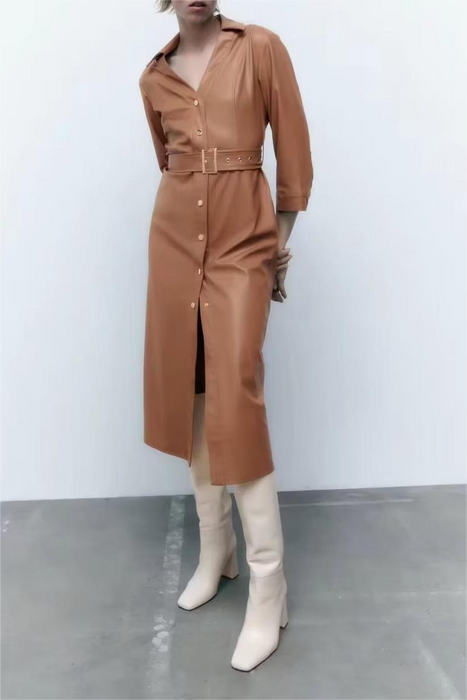 Color-Fall Light Luxury Faux Leather Midi Dress Elegant Women Dress Polo Collar-Fancey Boutique