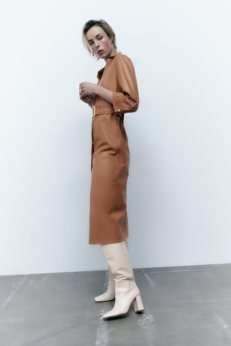 Color-Fall Light Luxury Faux Leather Midi Dress Elegant Women Dress Polo Collar-Fancey Boutique