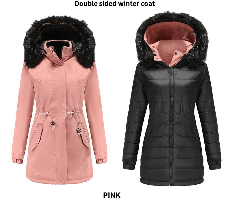 Color-Pink-Women Cotton Padded Coat Double Sided Wear Detachable Fur Collar Detachable Hat Quilted Parka Women-Fancey Boutique