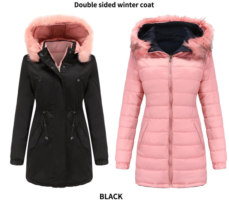 Color-Black-Women Cotton Padded Coat Double Sided Wear Detachable Fur Collar Detachable Hat Quilted Parka Women-Fancey Boutique