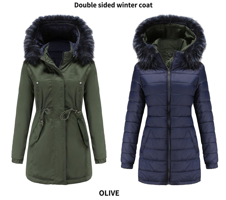 Color-Army Green-Women Cotton Padded Coat Double Sided Wear Detachable Fur Collar Detachable Hat Quilted Parka Women-Fancey Boutique