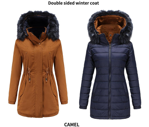 Color-camel-Women Cotton Padded Coat Double Sided Wear Detachable Fur Collar Detachable Hat Quilted Parka Women-Fancey Boutique