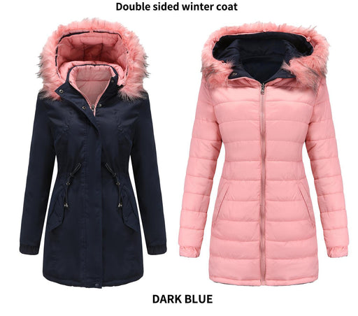 Color-Navy Blue-Women Cotton Padded Coat Double Sided Wear Detachable Fur Collar Detachable Hat Quilted Parka Women-Fancey Boutique