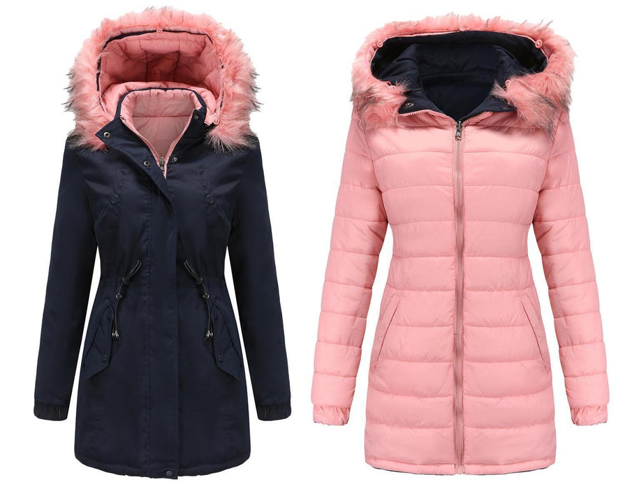 Color-Women Cotton Padded Coat Double Sided Wear Detachable Fur Collar Detachable Hat Quilted Parka Women-Fancey Boutique