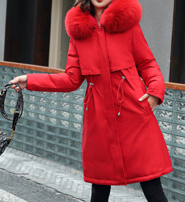 Color-Red-Winter Women Cotton Padded Clothing Mid Length Big Fur Collar Fleece-Lined Cotton Padded Jacket down Padded Jacket Cotton Padded Coat-Fancey Boutique