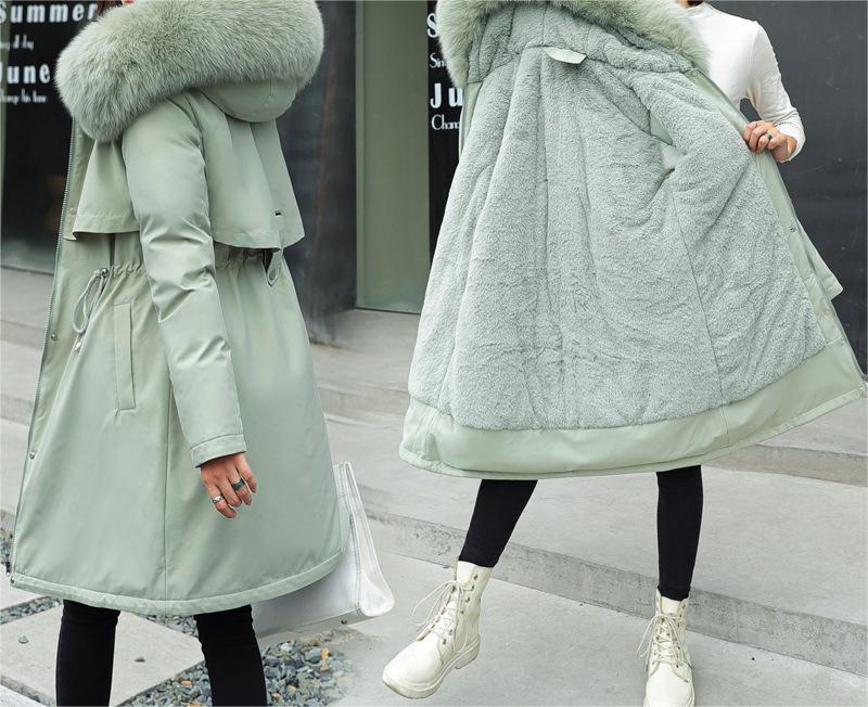 Color-Green Beans-Winter Women Cotton Padded Clothing Mid Length Big Fur Collar Fleece-Lined Cotton Padded Jacket down Padded Jacket Cotton Padded Coat-Fancey Boutique