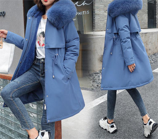 Color-Blue-Winter Women Cotton Padded Clothing Mid Length Big Fur Collar Fleece-Lined Cotton Padded Jacket down Padded Jacket Cotton Padded Coat-Fancey Boutique