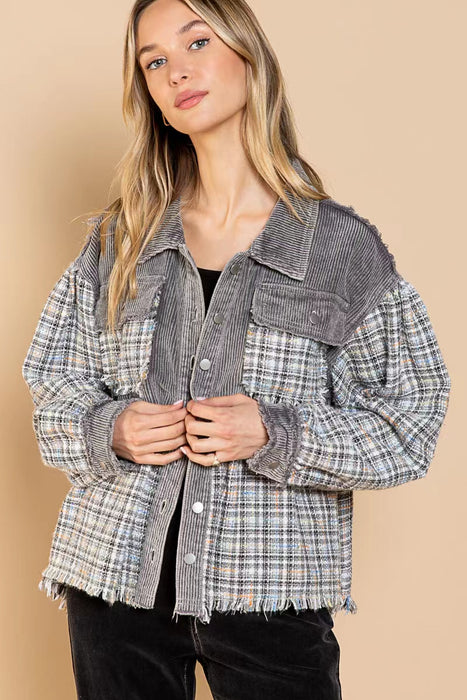 Color-Popular Jacket Autumn Winter Washed Corduroy Stitching Tweed Coat-Fancey Boutique