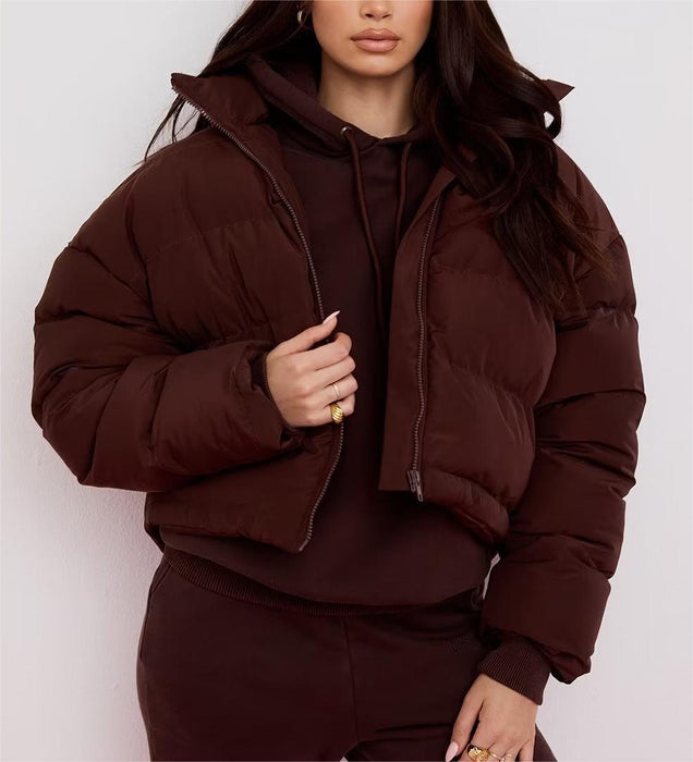 Color-Cotton Padded Coat for Women Autumn Winter Brown Stand up Collar Cotton Padded Clothes Loose Casual Bread Coat Warm-Fancey Boutique