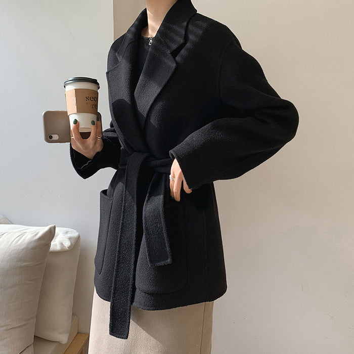 Color-Classic Black-Reversible Cashmere Coat Women Short Spring Autumn Pure Handmade Woolen Coat Women-Fancey Boutique