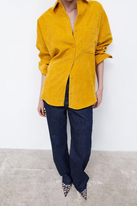 Color-Yellow Shirt Korean Women Clothing Autumn Casual Loose Long Sleeve Corduroy-Fancey Boutique