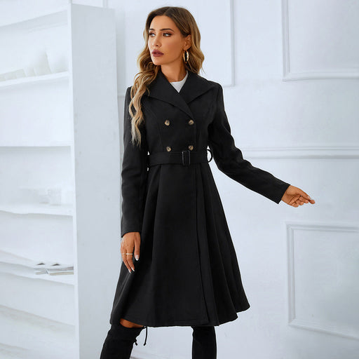 Color-Black-Winter Women Clothing Double Breasted with Belt Long Sleeve Woolen Black Overcoat Jacket-Fancey Boutique