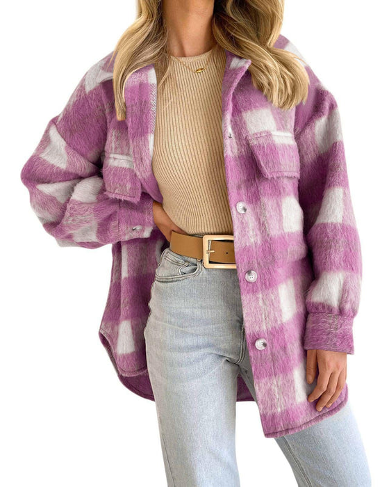 Color-violet-Winter Women Clothing Plaid Large Pocket Coarse Wool Coat-Fancey Boutique