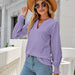 Color-Solid Color Hollow Out Pleated Ruffle Sleeve V neck Loose Long Sleeve Top-Fancey Boutique