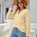 Color-Solid Color Hollow Out Pleated Ruffle Sleeve V neck Loose Long Sleeve Top-Fancey Boutique