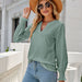 Color-Solid Color Hollow Out Pleated Ruffle Sleeve V neck Loose Long Sleeve Top-Fancey Boutique