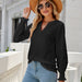 Color-Solid Color Hollow Out Pleated Ruffle Sleeve V neck Loose Long Sleeve Top-Fancey Boutique