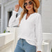 Color-Solid Color Hollow Out Pleated Ruffle Sleeve V neck Loose Long Sleeve Top-Fancey Boutique