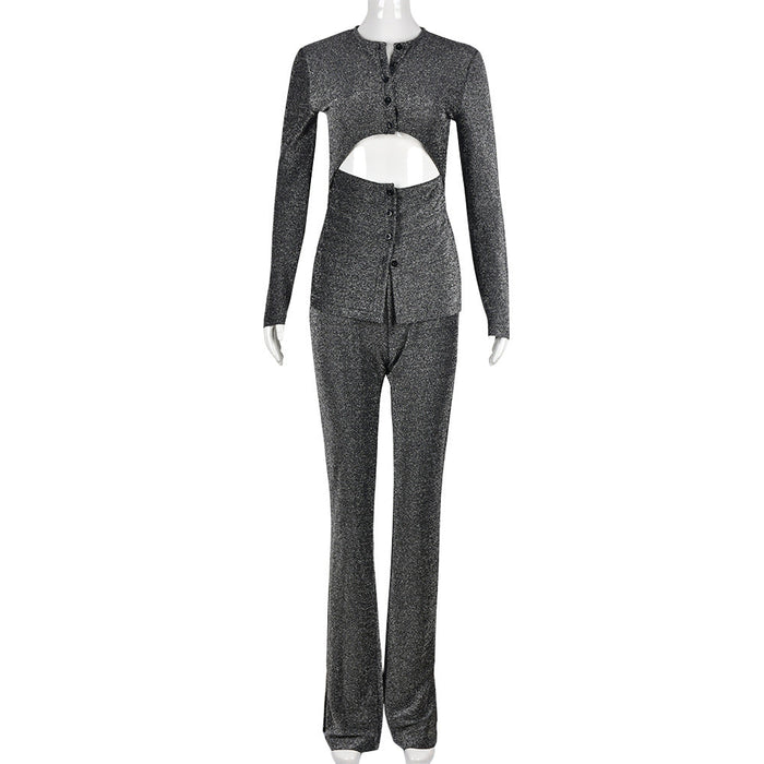 Color-Gray-Autumn Winter Two Piece Set cropped Hollow Out Cutout Trousers Business Set-Fancey Boutique