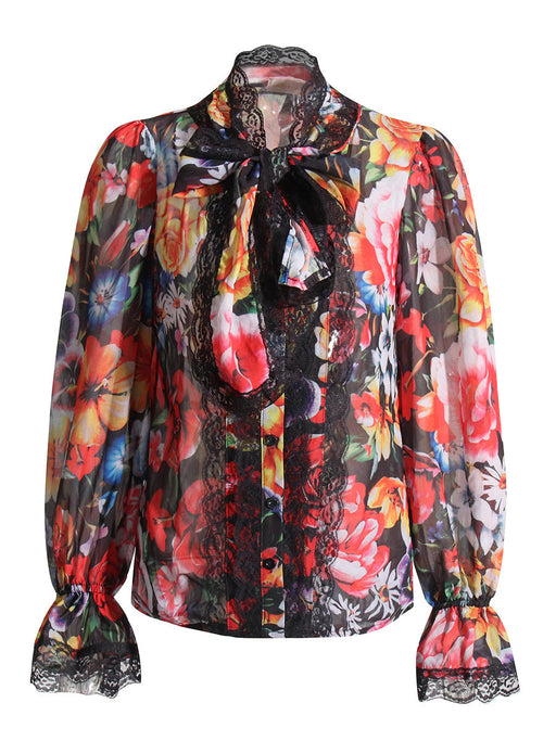 Color-Elegant Vacation Printed Shirt Autumn Lace Bow Bell Sleeve Loose Top-Fancey Boutique