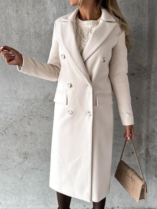 Color-White-Autumn And Winter Simple Long Sleeve Double Row Button Woolen Coat Women-Fancey Boutique