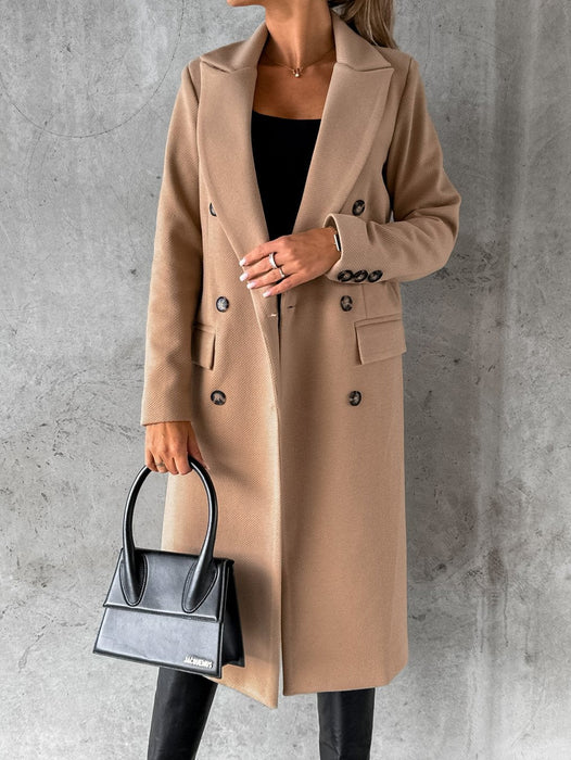 Color-Khaki-Autumn And Winter Simple Long Sleeve Double Row Button Woolen Coat Women-Fancey Boutique