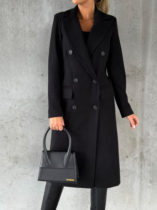 Color-Black-Autumn And Winter Simple Long Sleeve Double Row Button Woolen Coat Women-Fancey Boutique