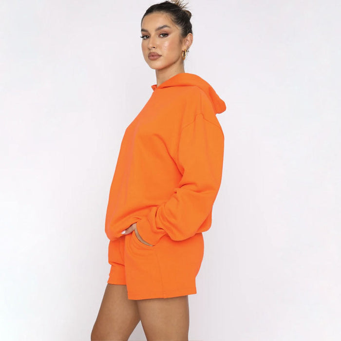 Color-Autumn Winter Solid Color Pullover Hooded Long Sleeves Sweaters Women Clothing Casual Shorts Suit-Fancey Boutique