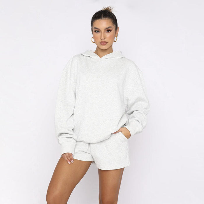 Color-Autumn Winter Solid Color Pullover Hooded Long Sleeves Sweaters Women Clothing Casual Shorts Suit-Fancey Boutique