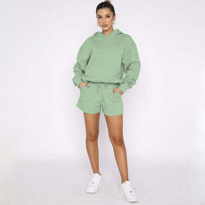 Color-Autumn Winter Solid Color Pullover Hooded Long Sleeves Sweaters Women Clothing Casual Shorts Suit-Fancey Boutique