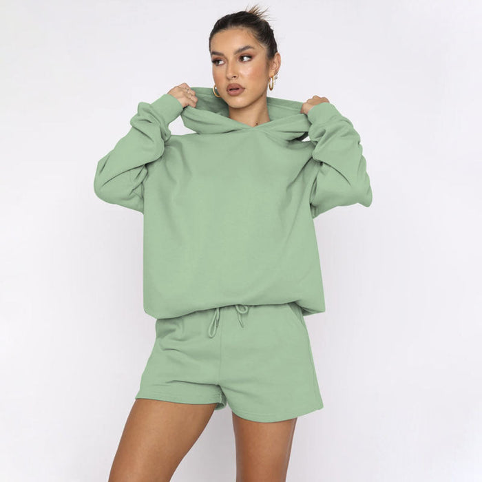 Color-Autumn Winter Solid Color Pullover Hooded Long Sleeves Sweaters Women Clothing Casual Shorts Suit-Fancey Boutique