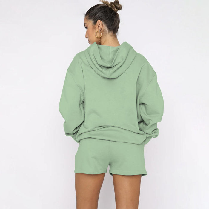 Color-Autumn Winter Solid Color Pullover Hooded Long Sleeves Sweaters Women Clothing Casual Shorts Suit-Fancey Boutique