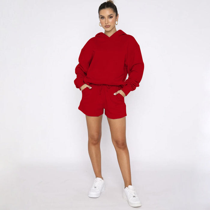 Color-Autumn Winter Solid Color Pullover Hooded Long Sleeves Sweaters Women Clothing Casual Shorts Suit-Fancey Boutique