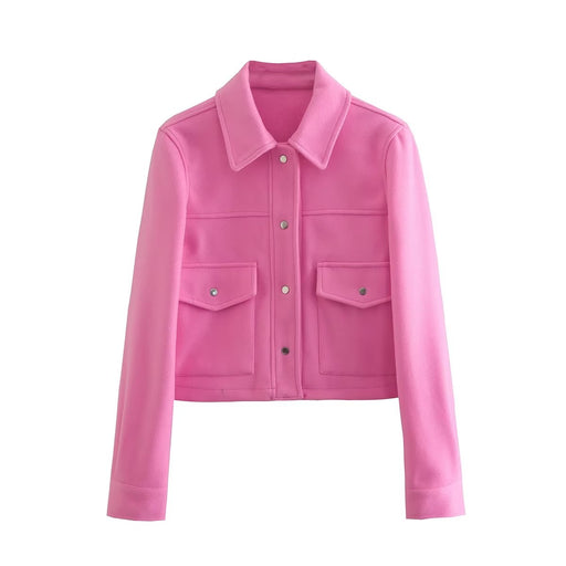 Color-Pink-Autumn Winter Three Colors Soft Woolen Short Lapels Pocket Jacket Coat-Fancey Boutique