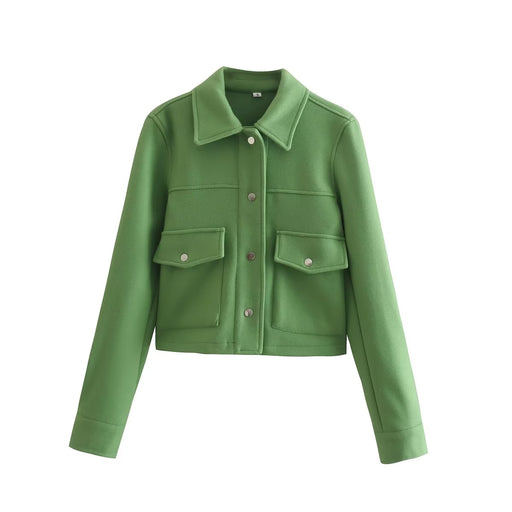 Color-Green-Autumn Winter Three Colors Soft Woolen Short Lapels Pocket Jacket Coat-Fancey Boutique