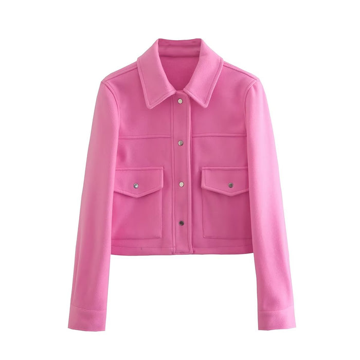 Color-Autumn Winter Three Colors Soft Woolen Short Lapels Pocket Jacket Coat-Fancey Boutique